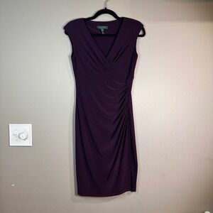 Lauren Ralph Lauren Purple Ruched Surplice V-Neck Sheath Dress Womens Size 4